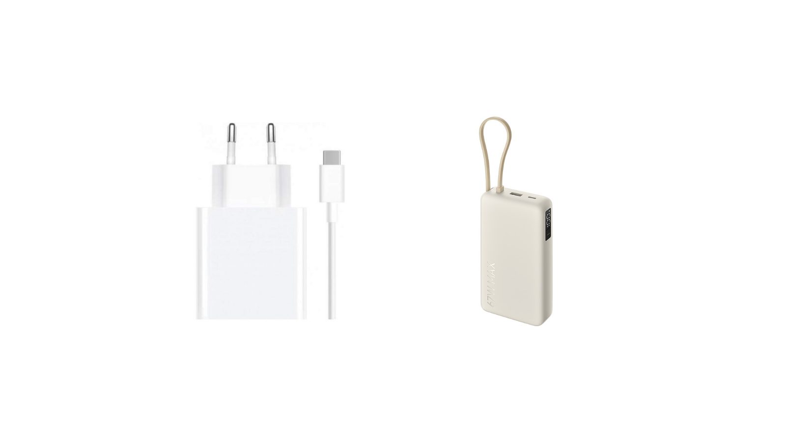 מטען קיר Xiaomi 67W לבן עם כבל USB-C, לצד סוללת גיבוי Xiaomi 67W 20000mAh בצבע חום בהיר עם כבל מובנה, על רקע לבן
